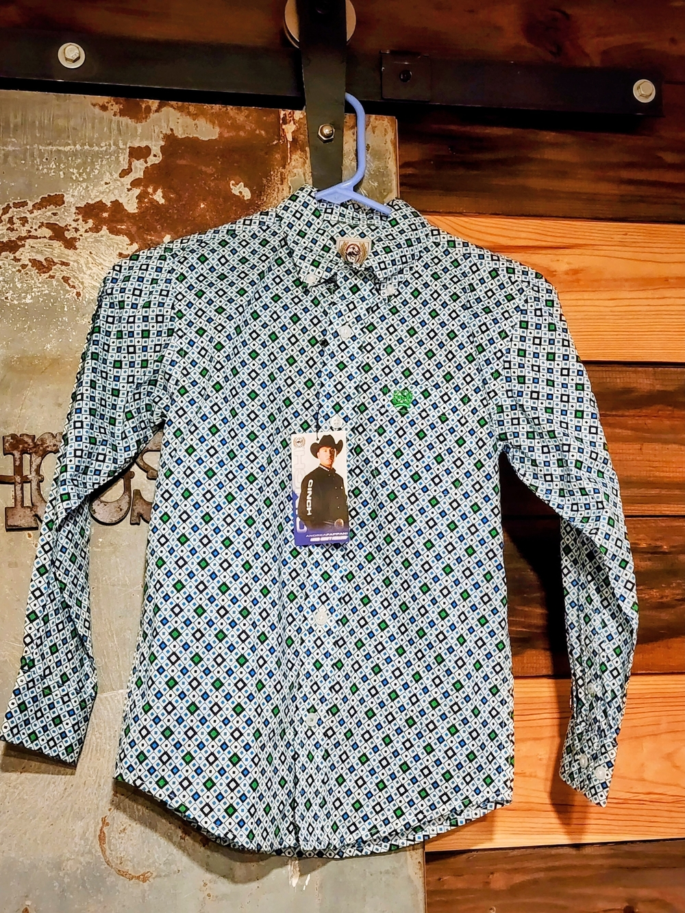 Cinch Kids Size 6-8 Geometric Button-Down Shirt - Green & Blue